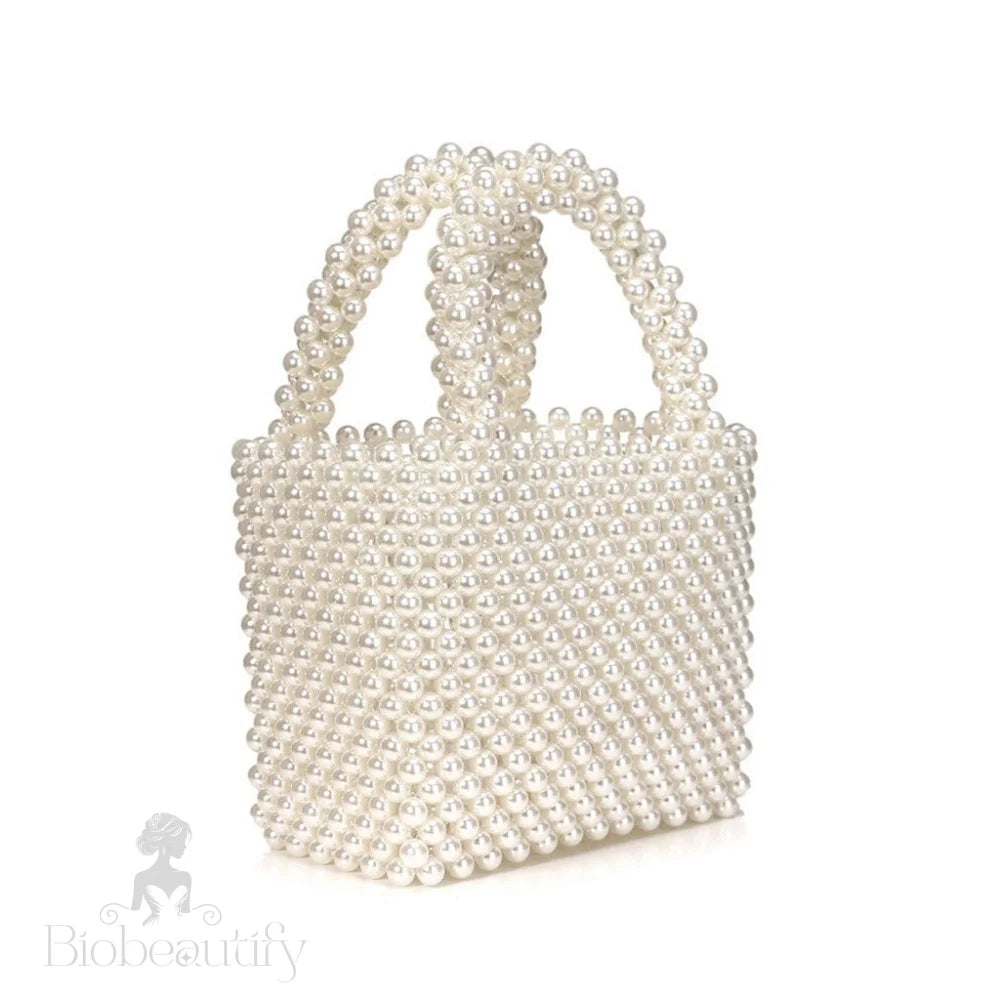 Elegant Hand-Woven Pearlized Beaded Clutch Bag - White