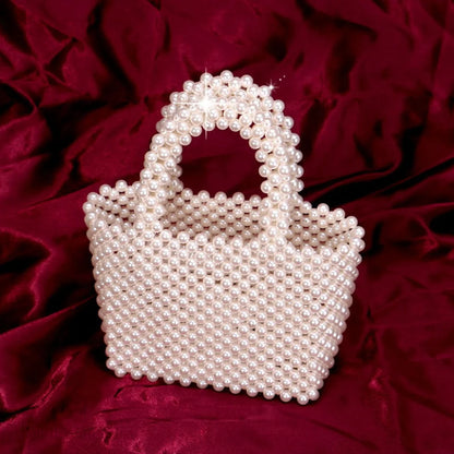 Elegant Hand-Woven Pearlized Beaded Clutch Bag - White