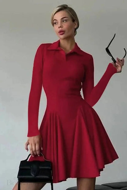 Elegant High Waisted Long Sleeve A-Line Mini Dress