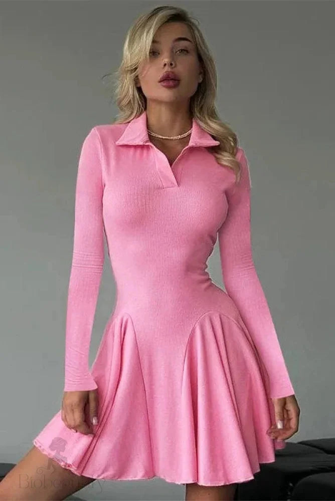 Elegant High Waisted Long Sleeve A-Line Mini Dress