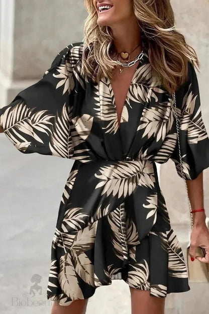 Elegant Irregular Mini Dress With Printed Sleeves