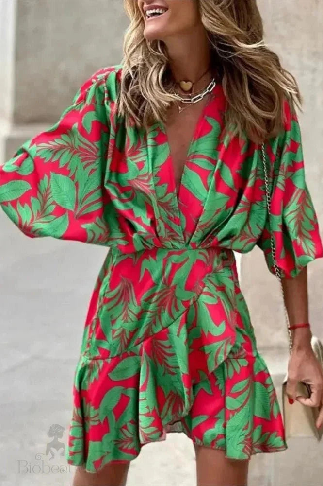 Elegant Irregular Mini Dress With Printed Sleeves