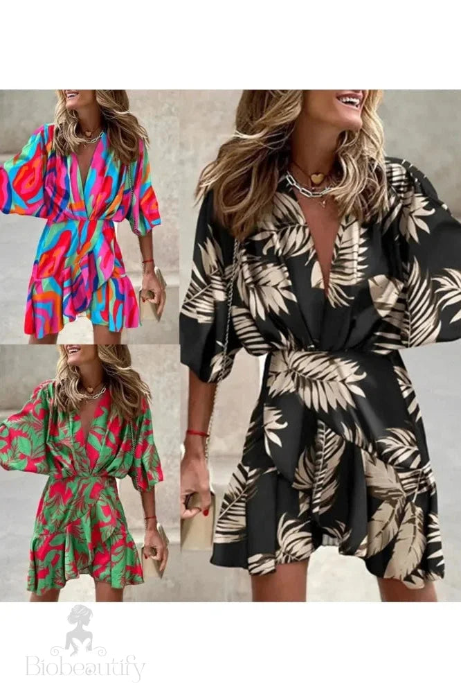 Elegant Irregular Mini Dress With Printed Sleeves