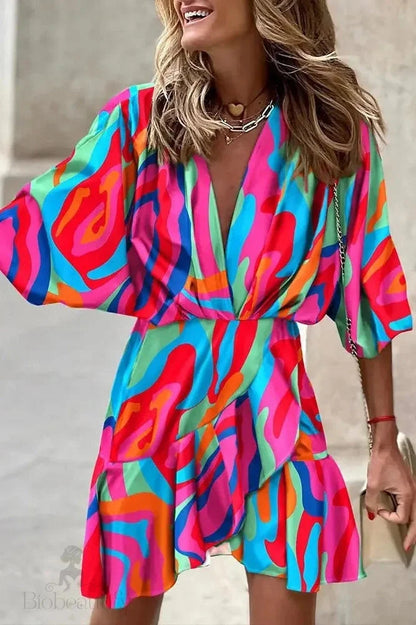 Elegant Irregular Mini Dress With Printed Sleeves