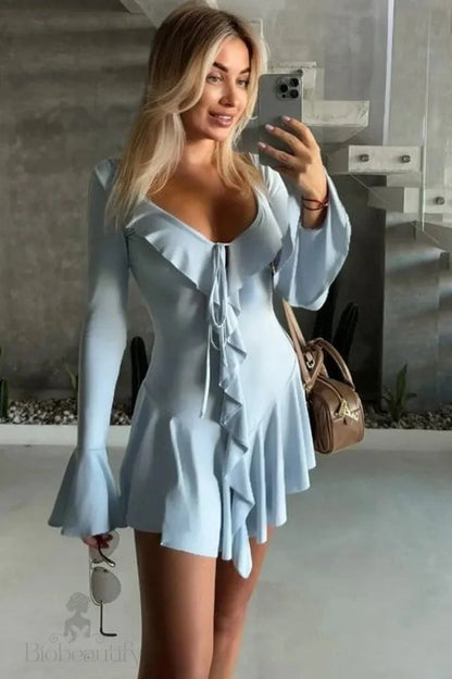 Elegant Lace Up Bodycon Mini Dress With Long Sleeves