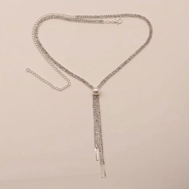 Pearl Detail Rhinestone Tassel Lariat Necklace - Silver