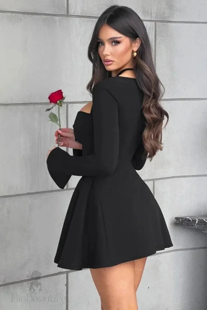 Elegant Pleated Long Sleeve A-Line Mini Dress