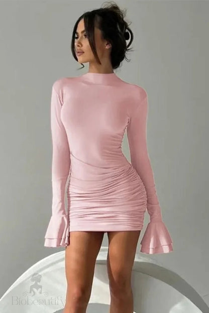 Elegant Pleated O Neck Long Sleeve Mini Dress