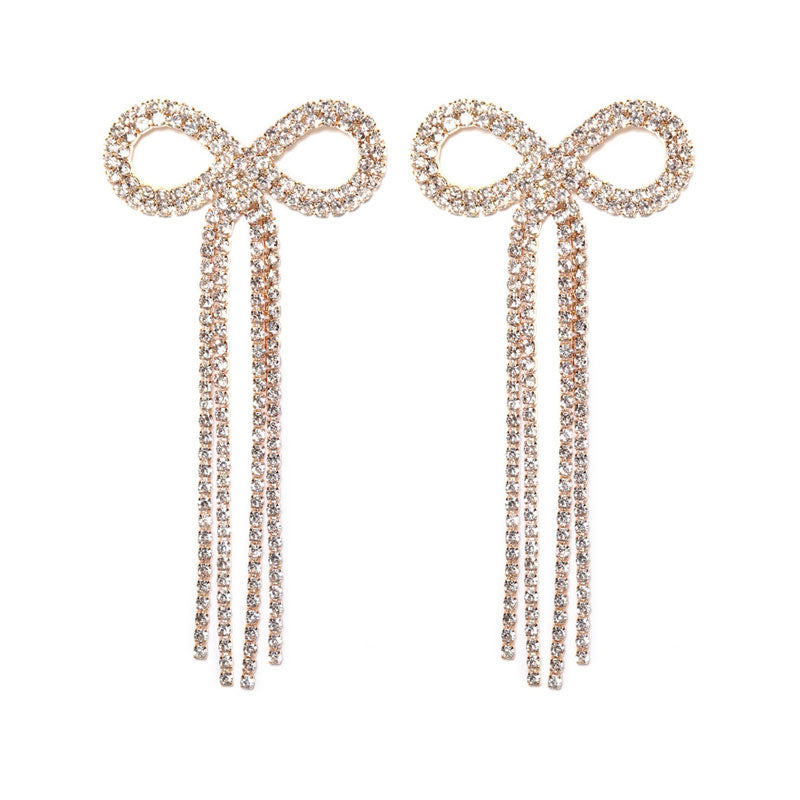 Rhinestone Bow Fringe Long Drop Earrings Silver One Size /