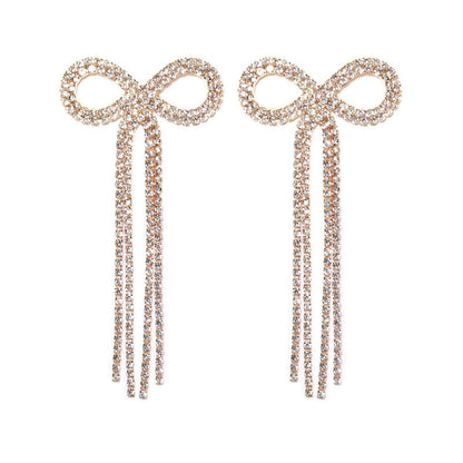 Rhinestone Bow Fringe Long Drop Earrings Silver One Size /