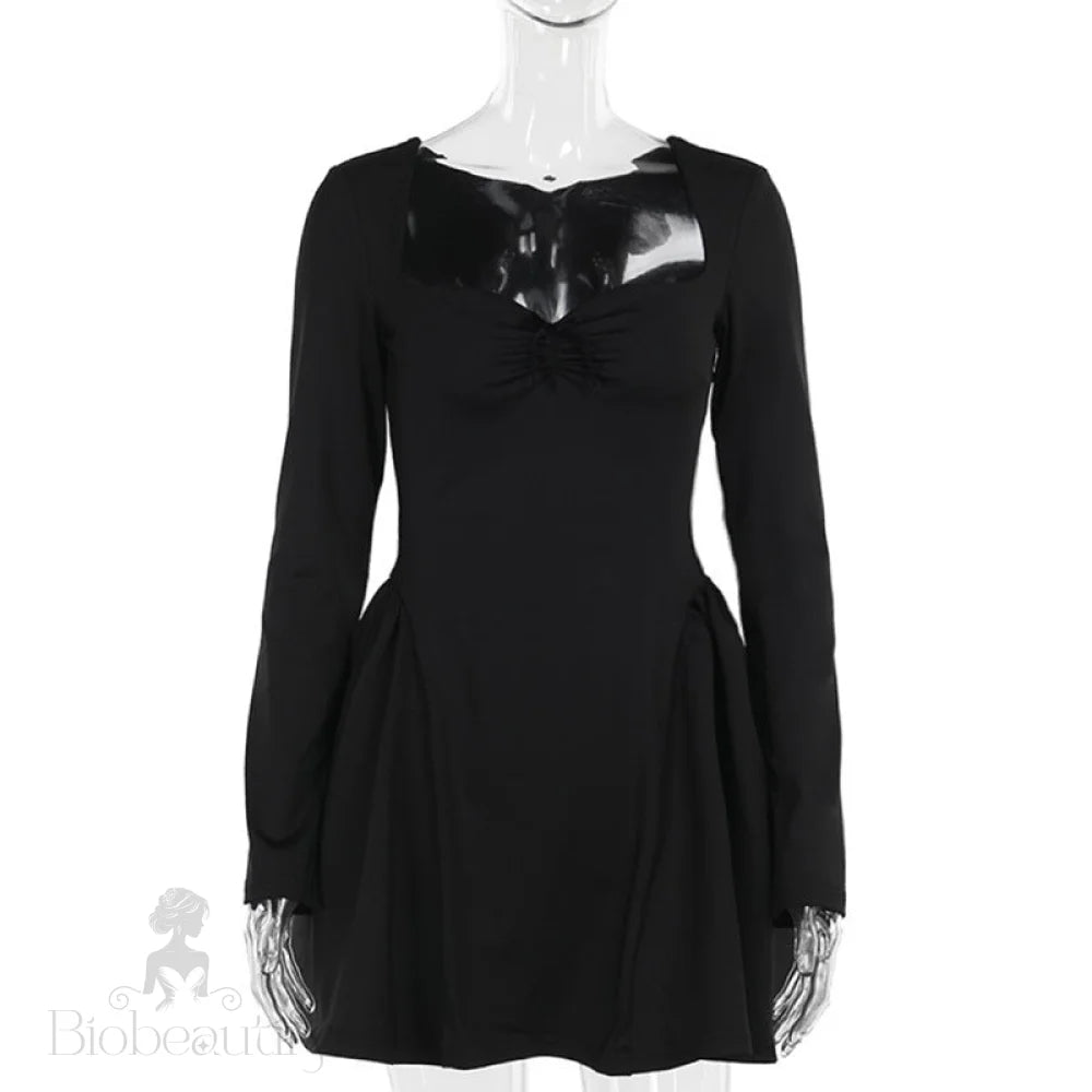 Elegant Slim Fit Bubble Long Sleeve Dress Black / L