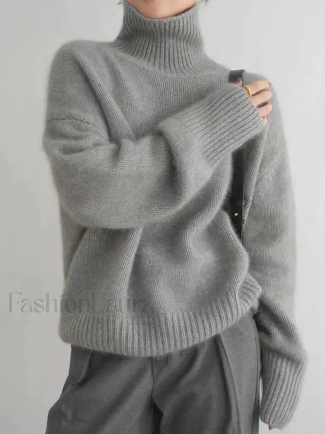 Elegant Solid Color Turtleneck Knitted Women Casual Long Sleeve Loose Sweater Grey / S Sweaters L