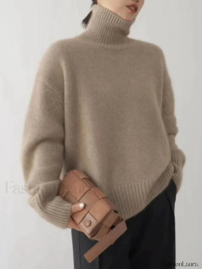 Elegant Solid Color Turtleneck Knitted Women Casual Long Sleeve Loose Sweater Sweaters L