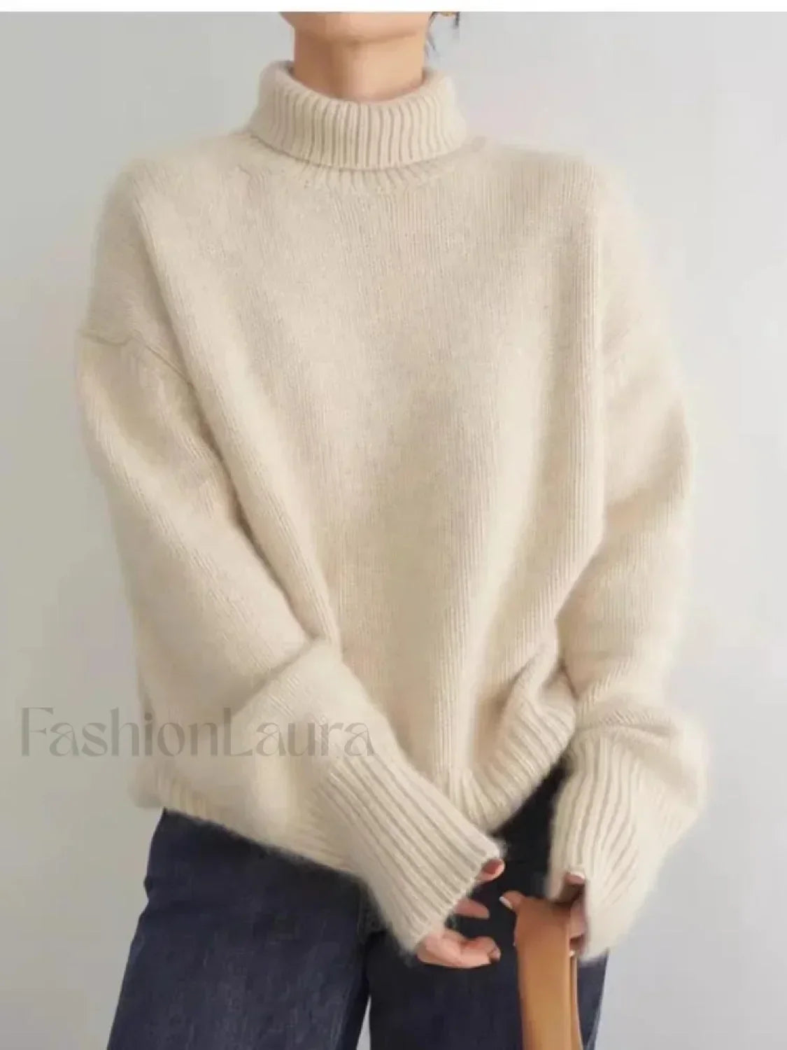 Elegant Solid Color Turtleneck Knitted Women Casual Long Sleeve Loose Sweater Sweaters L