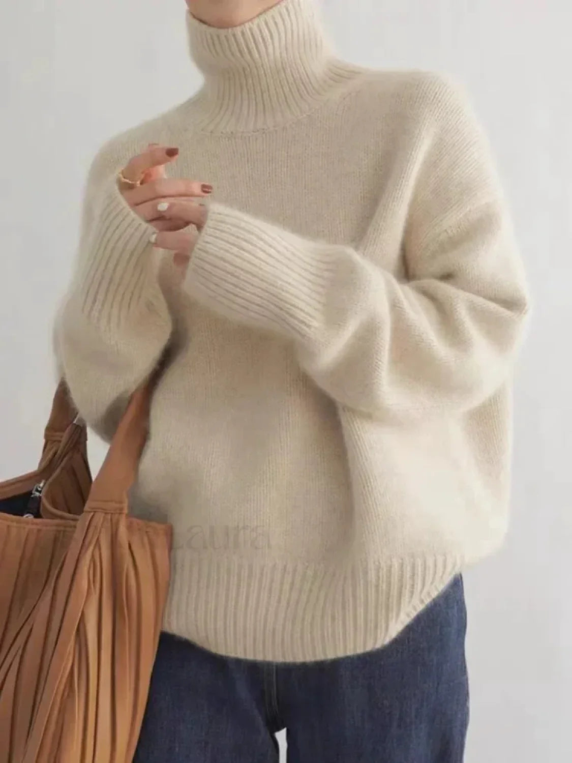 Elegant Solid Color Turtleneck Knitted Women Casual Long Sleeve Loose Sweater Sweaters L