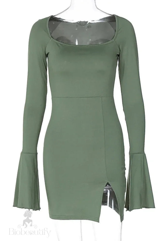 Elegant Split Slim Mini Dress With Long Sleeves