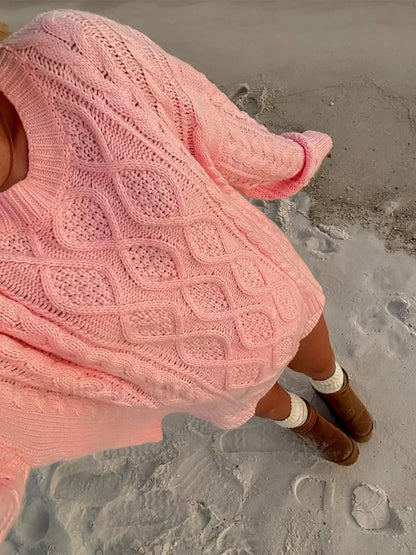 Elegant Sweet Pink Oversized Twist Knitted Pullover Women Casual O Neck Sweater Pink / S Sweaters L