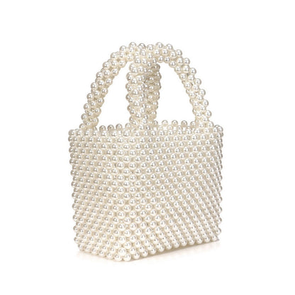 Elegant Hand-Woven Pearlized Beaded Clutch Bag - White