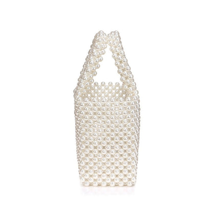 Elegant Hand-Woven Pearlized Beaded Clutch Bag - White