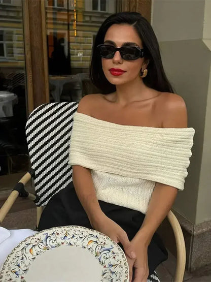 Elegant White One Shoulder Knitted Women Sexy Off Shoulder Short Sleeves Slim Sweater Sweaters L