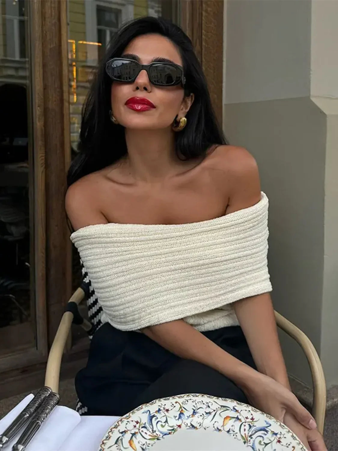 Elegant White One Shoulder Knitted Women Sexy Off Shoulder Short Sleeves Slim Sweater Sweaters L