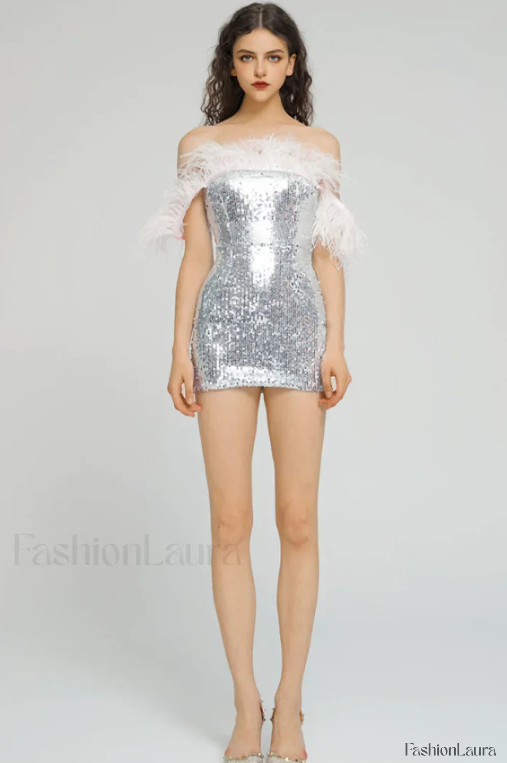 Eleni Off Shoulder Charming Feather Sequin Dress
