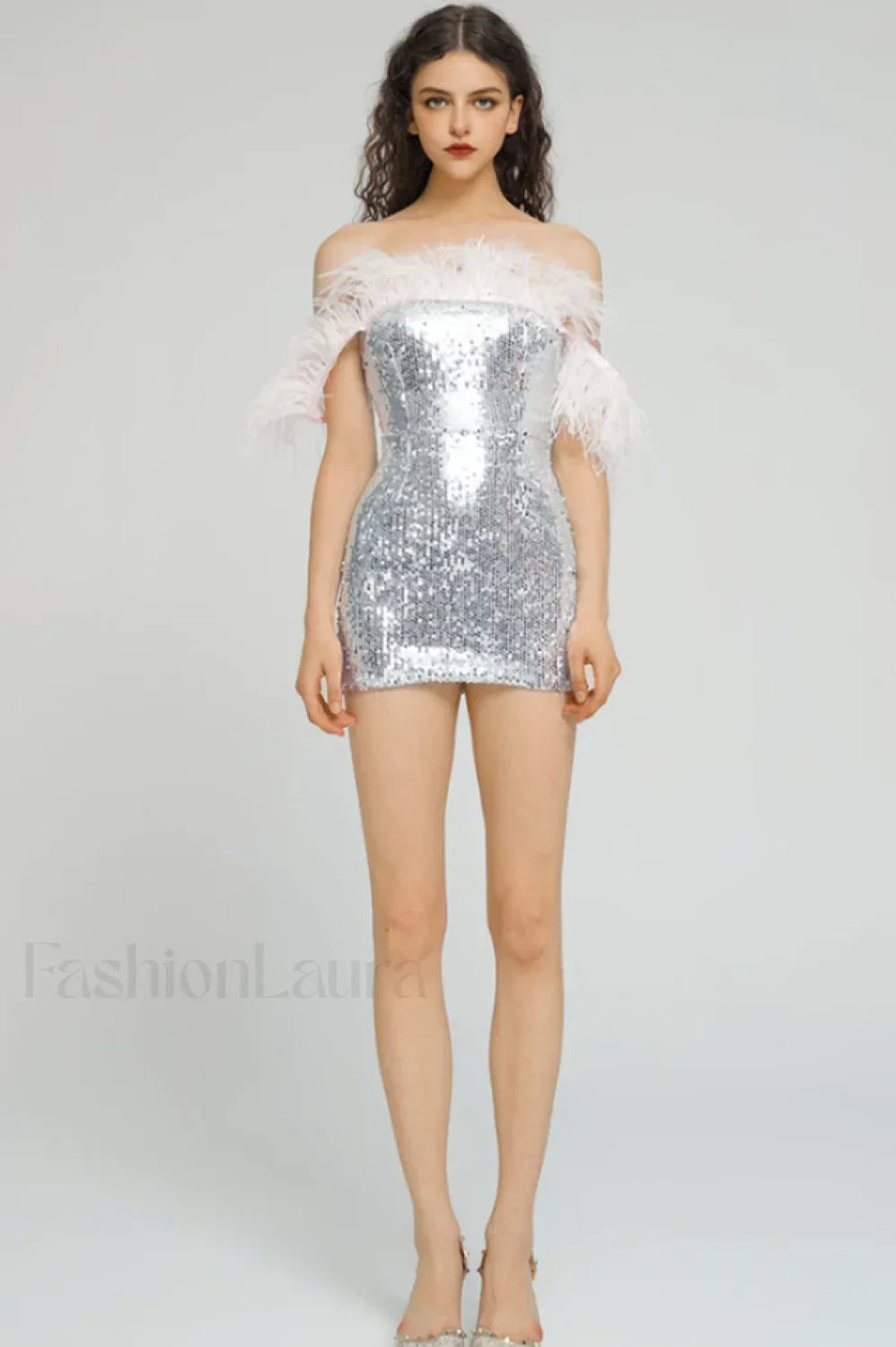 Eleni Off Shoulder Charming Feather Sequin Dress