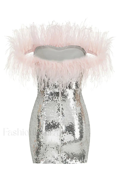 Eleni Off Shoulder Charming Feather Sequin Dress