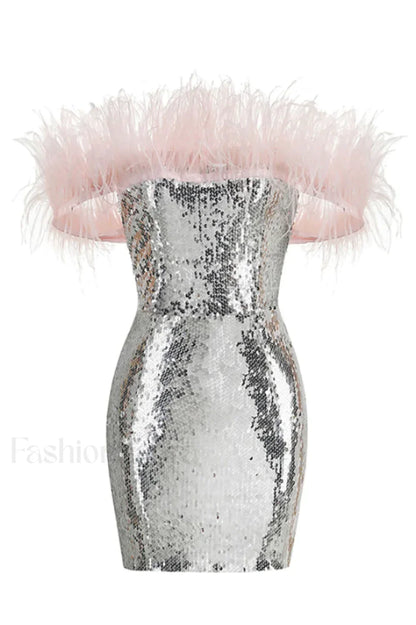 Eleni Off Shoulder Charming Feather Sequin Dress XS / Silver