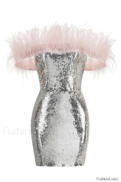 Eleni Off Shoulder Charming Feather Sequin Dress XS / Silver