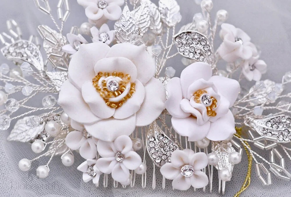 Eline Ceramic Bridal Hair Comb With Floral Design