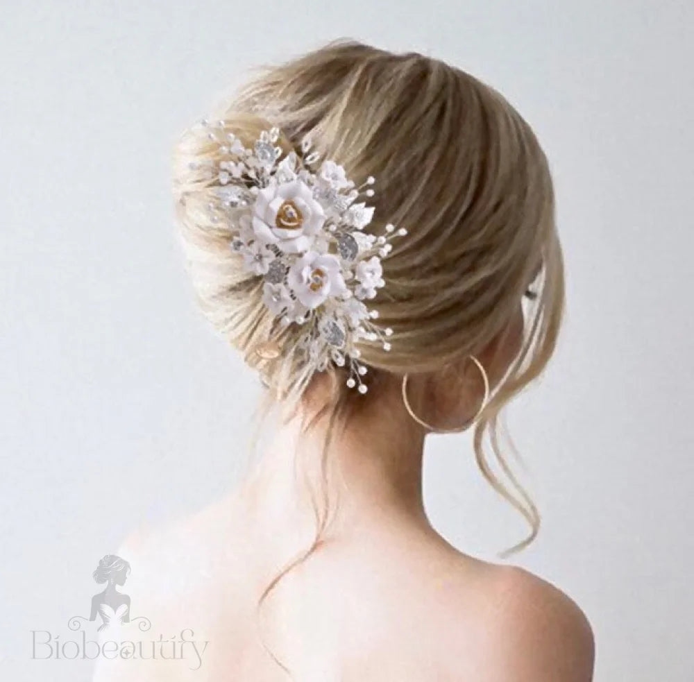 Eline Ceramic Bridal Hair Comb With Floral Design