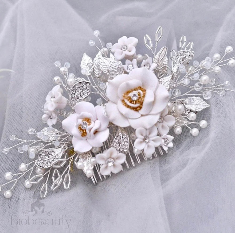 Eline Ceramic Bridal Hair Comb With Floral Design