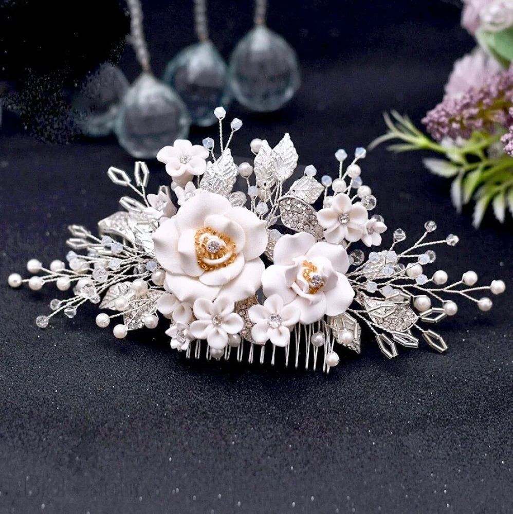 Eline Ceramic Bridal Hair Comb With Floral Design