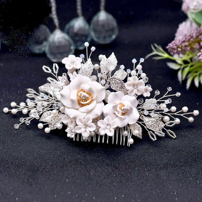 Eline Ceramic Bridal Hair Comb With Floral Design