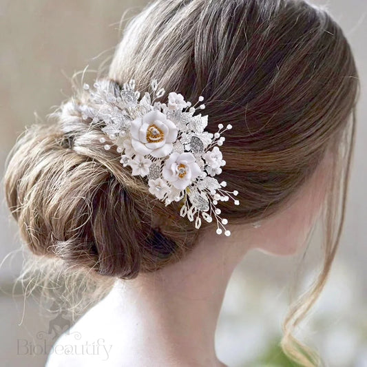 Eline Ceramic Bridal Hair Comb With Floral Design