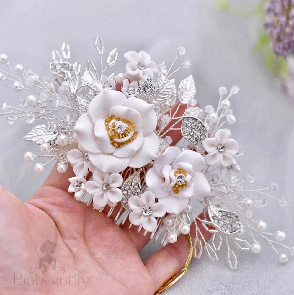 Eline Ceramic Bridal Hair Comb With Floral Design