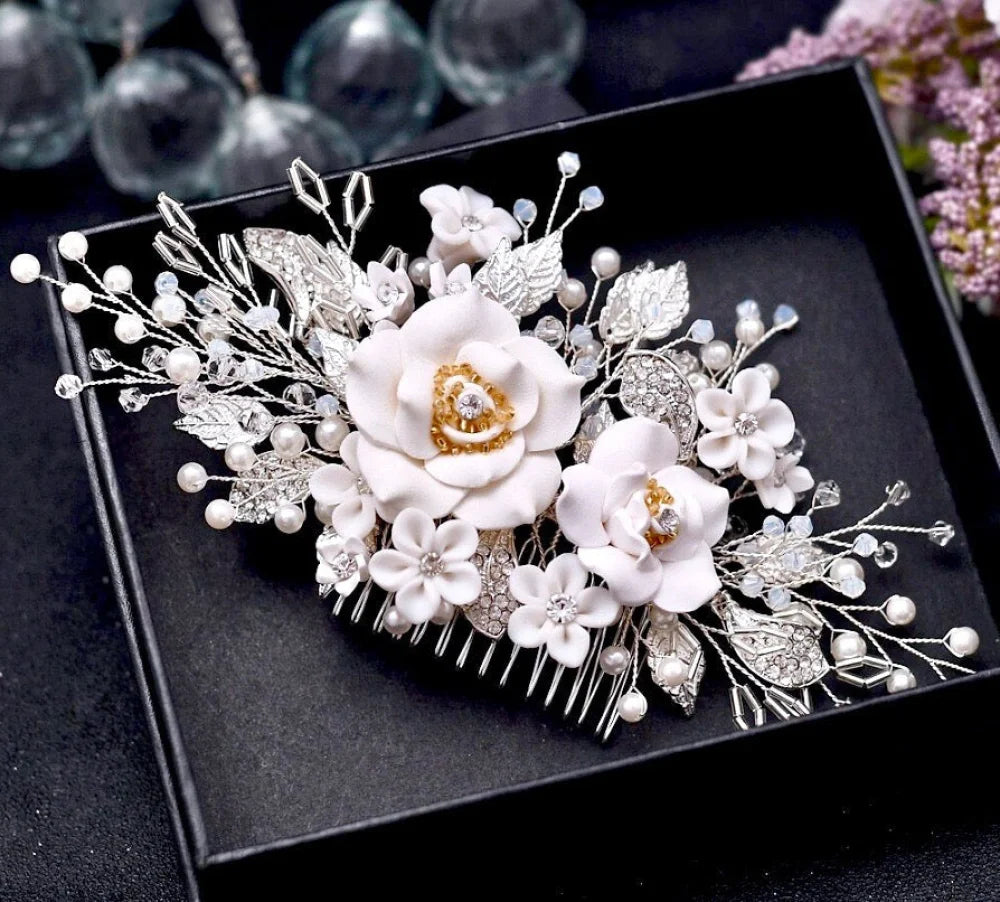 Eline Ceramic Bridal Hair Comb With Floral Design