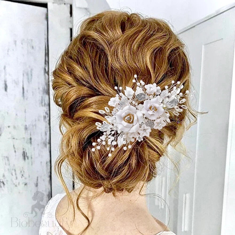 Eline Ceramic Bridal Hair Comb With Floral Design