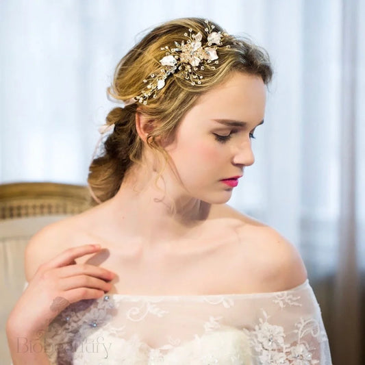 Ellina Gold Pearl Crystal Bridal Headband