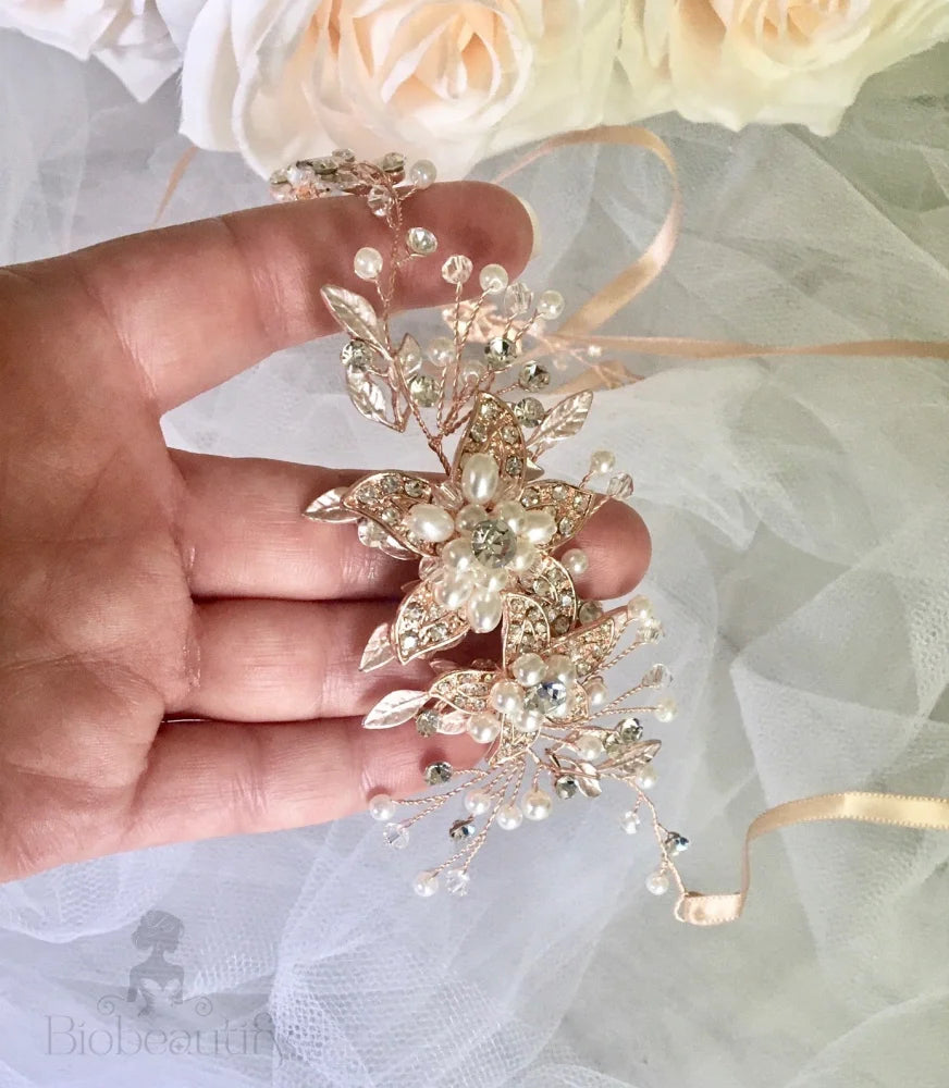 Ellysia Bridal Headband With Pearl And Crystal - Available In Silver Rose Gold Yellow