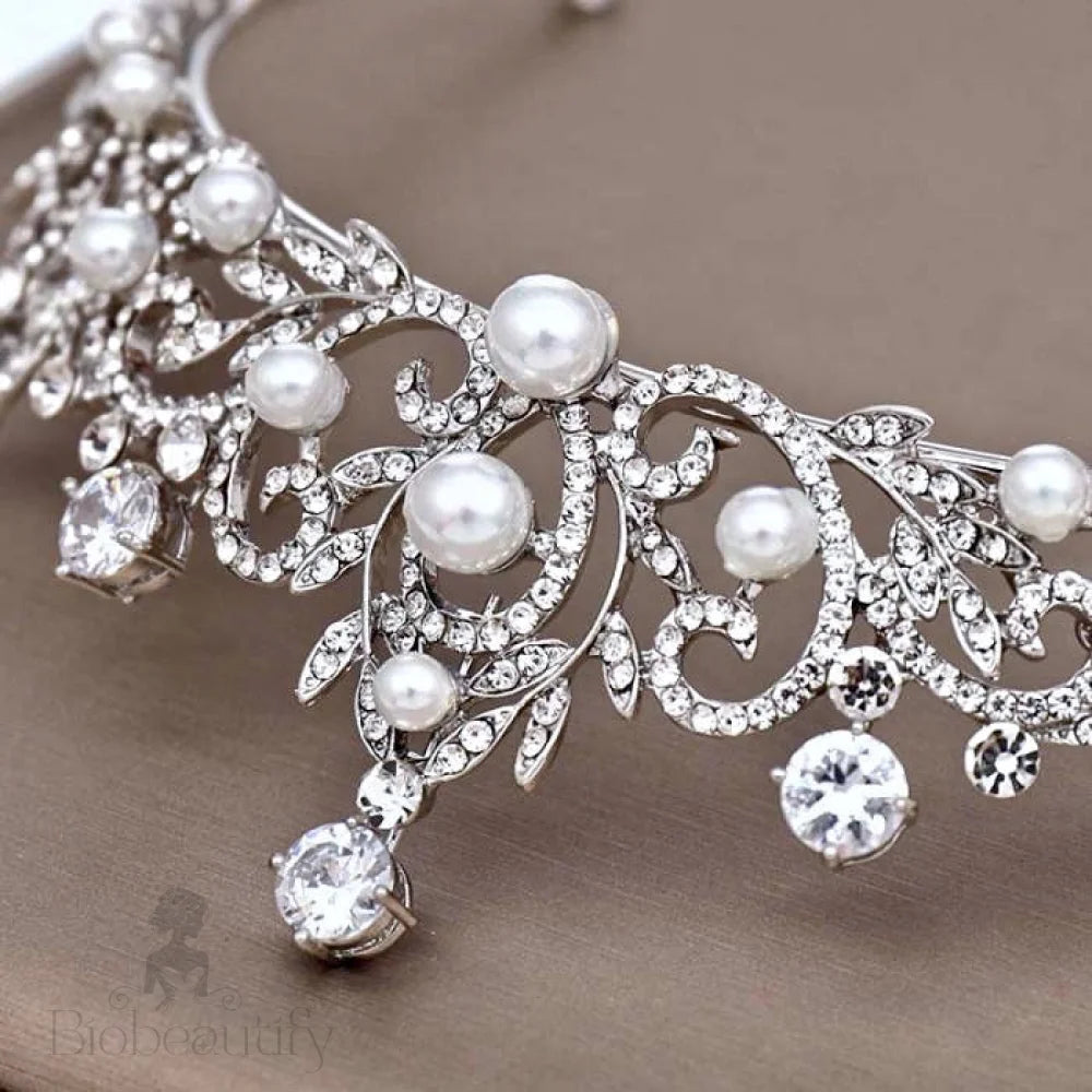 Elodee Wedding Tiara With Pearls And Rhinestones