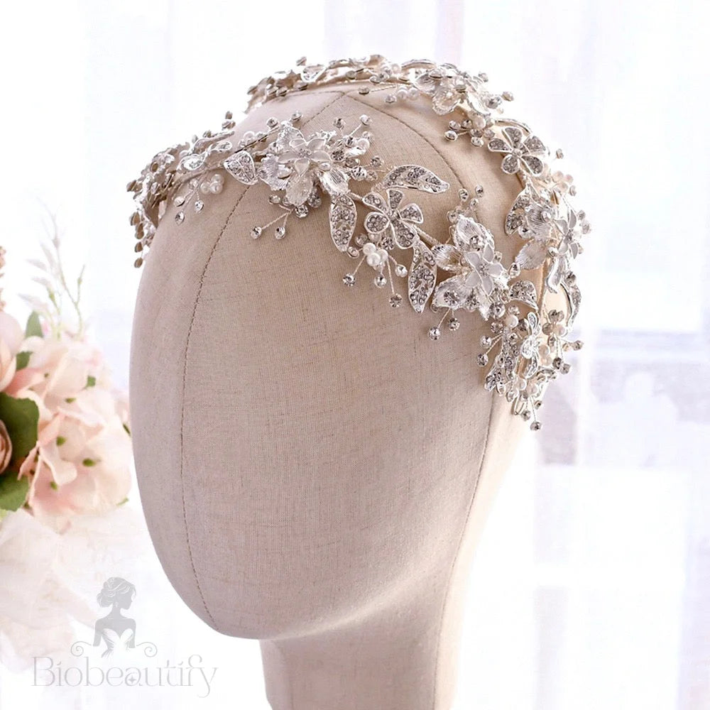 Elody Silver Pearl And Crystal Bridal Double Headband