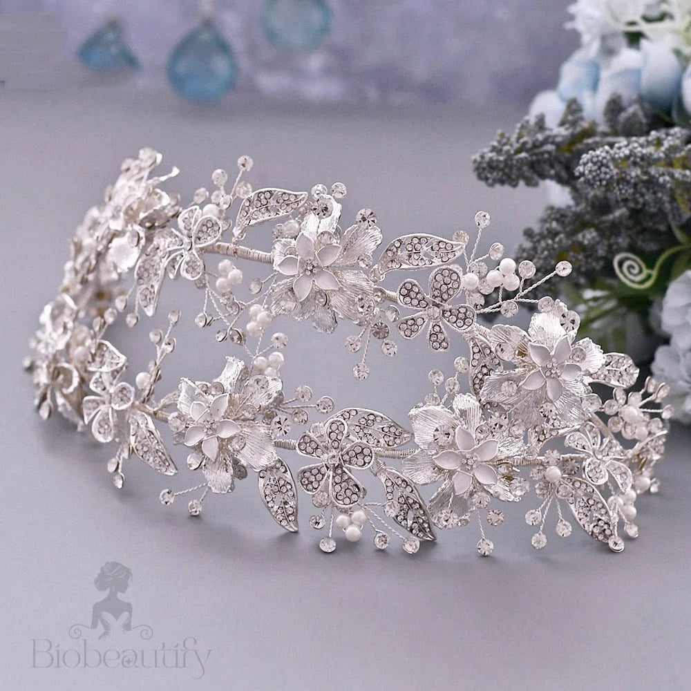 Elody Silver Pearl And Crystal Bridal Double Headband