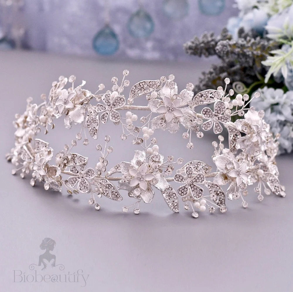 Elody Silver Pearl And Crystal Bridal Double Headband