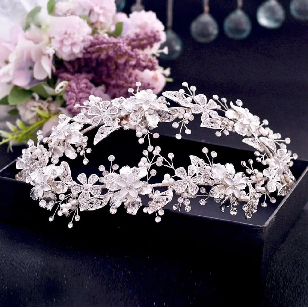 Elody Silver Pearl And Crystal Bridal Double Headband