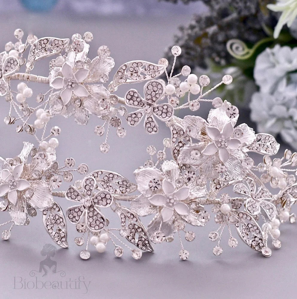 Elody Silver Pearl And Crystal Bridal Double Headband