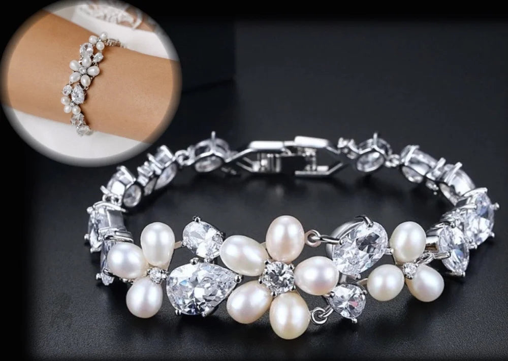 Eloise Freshwater Pearl And Cz Bridal Bracelet Rose Gold Silver Options