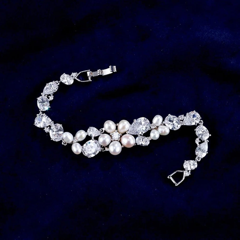 Eloise Freshwater Pearl And Cz Bridal Bracelet Rose Gold Silver Options