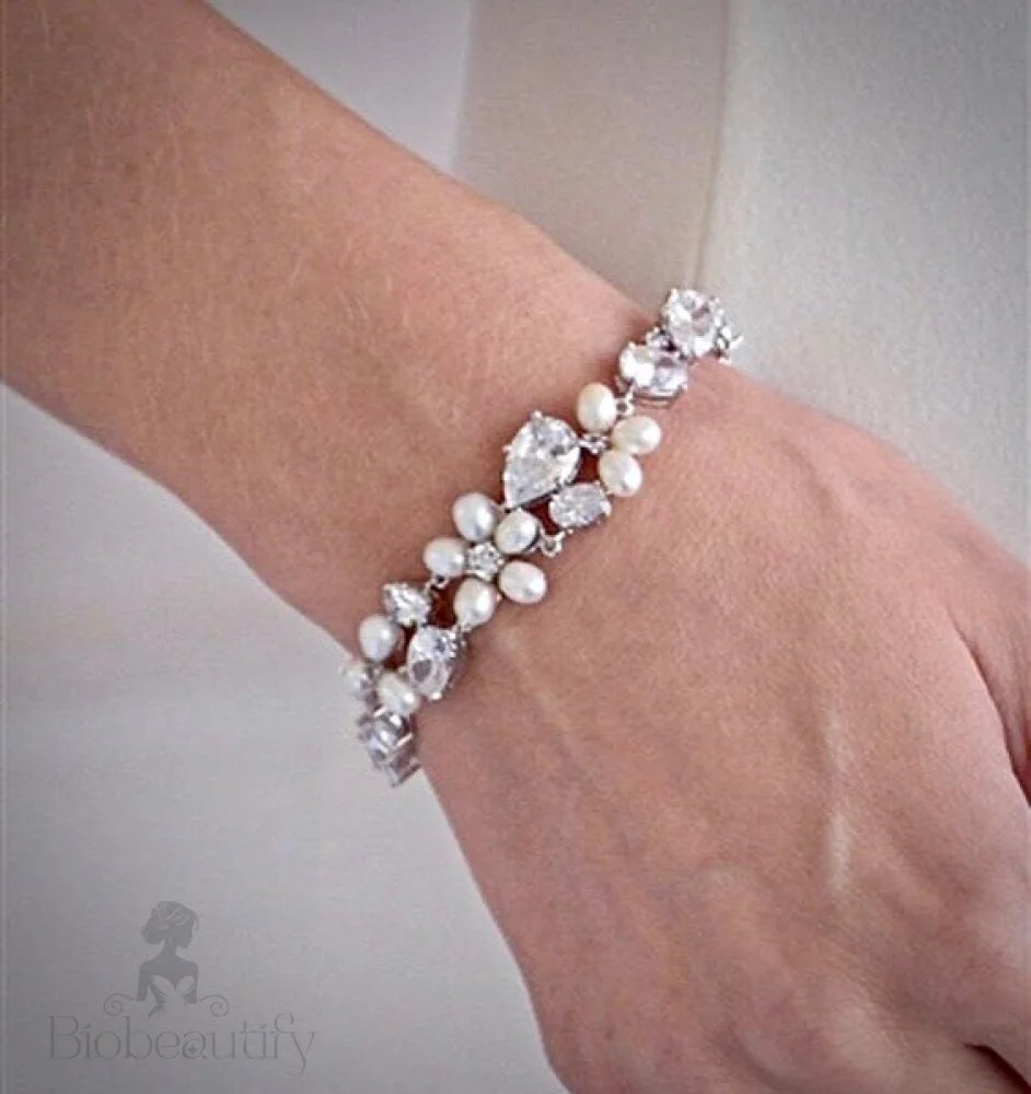 Eloise Freshwater Pearl And Cz Bridal Bracelet Rose Gold Silver Options